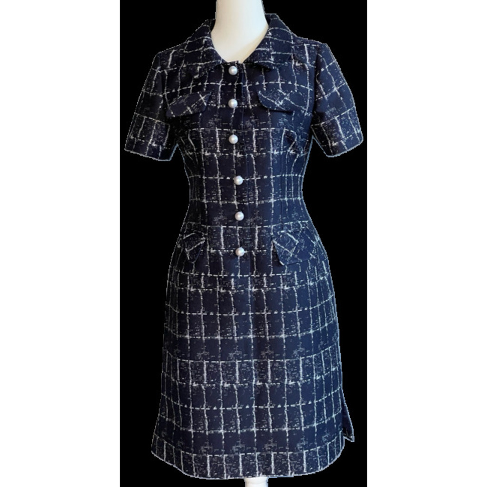 Retro Geometric Check Knee Length Shift Dress in Blue
